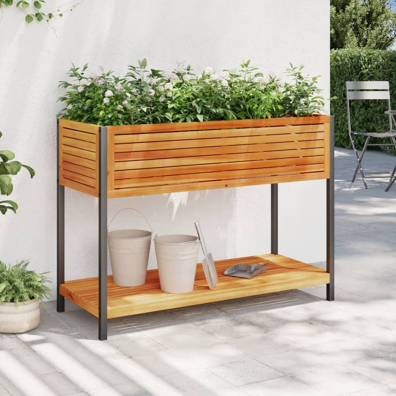 Load image into Gallery viewer, Vidaxl plantenbak met schap 110x45x80 cm massief acaciahout en staal
