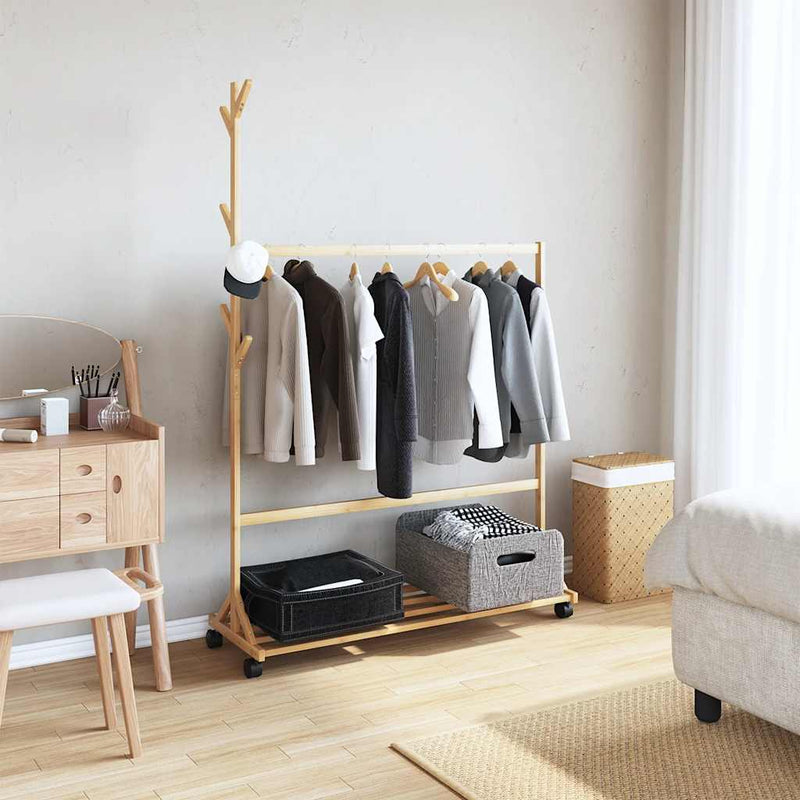 Load image into Gallery viewer, Vidaxl kledingrek met haken en wielen 100x35x157 cm bamboe
