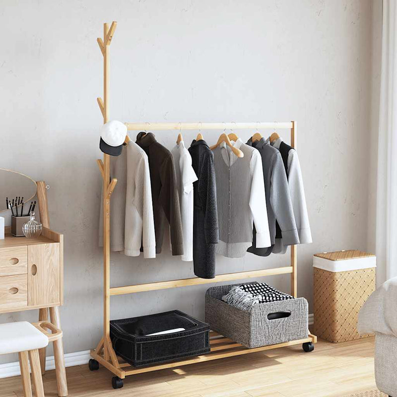 Load image into Gallery viewer, Vidaxl kledingrek met haken en wielen 100x35x157 cm bamboe
