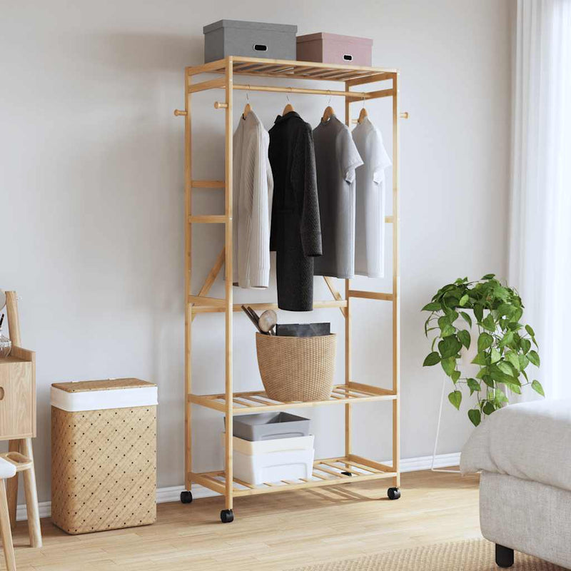 Load image into Gallery viewer, Vidaxl kledingrek met schappen en wielen 90x40x179,5 cm bamboe
