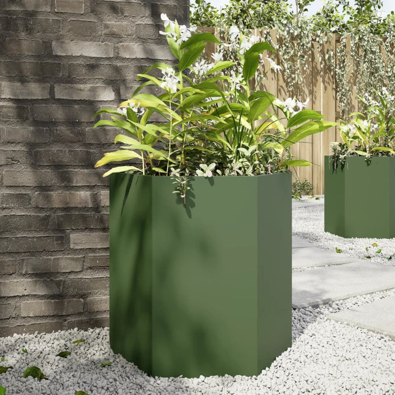 Load image into Gallery viewer, Vidaxl plantenbak zeshoek 46x40x45 cm staal olijfgroen
