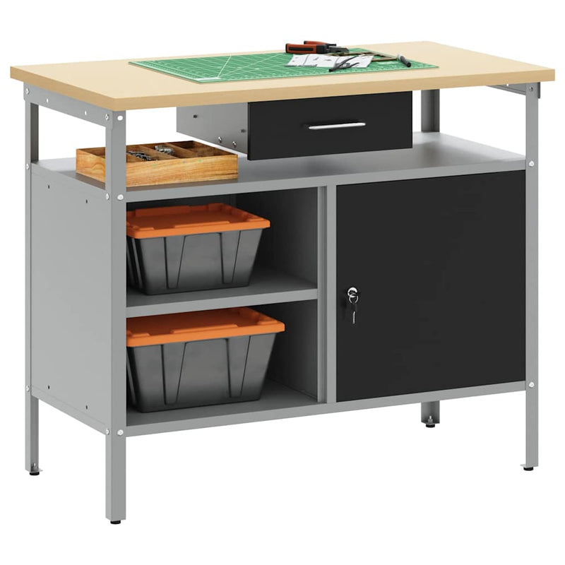Load image into Gallery viewer, Vidaxl werkbank met lade met plank zwart en grijs 100 x 55 x 85 cm
