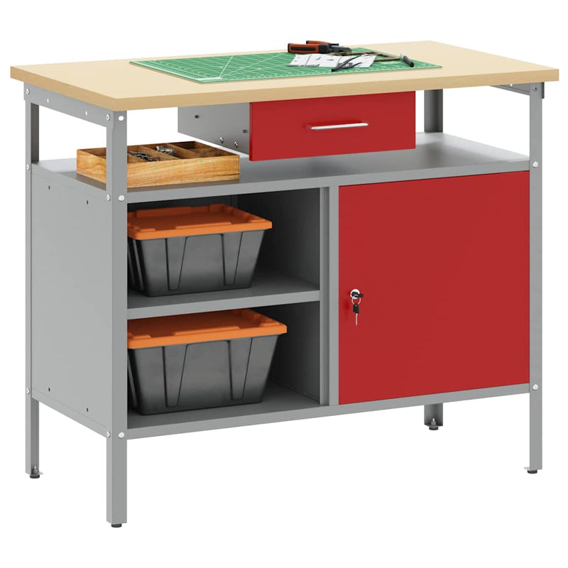 Load image into Gallery viewer, Vidaxl werkbank met lade met plank rood en grijs 100 x 55 x 85 cm
