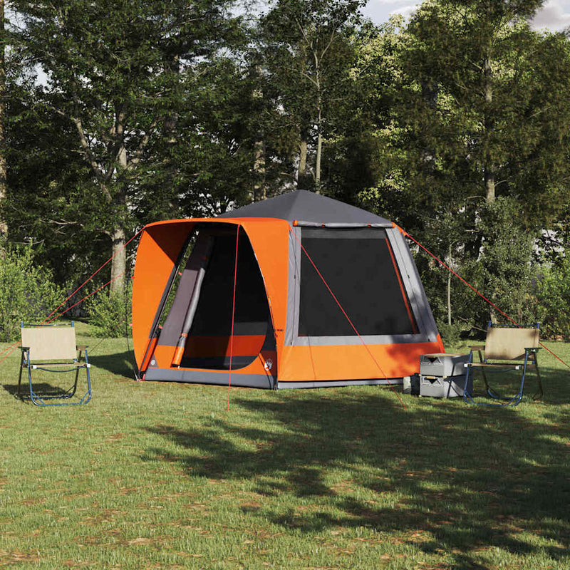 Load image into Gallery viewer, Vidaxl camping tent grijs en oranje 420 x 420 x 227 cm polyester
