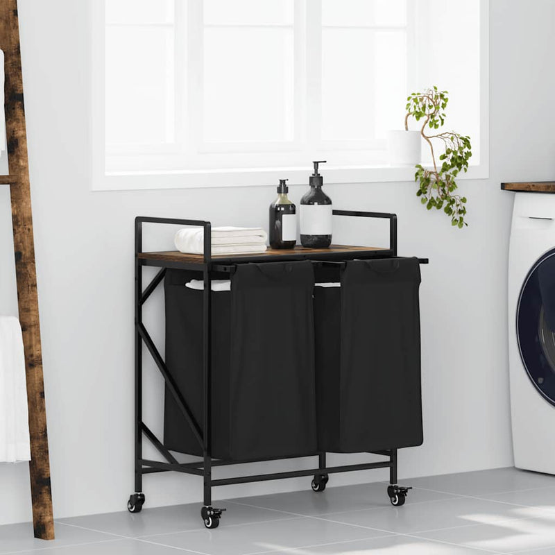 Load image into Gallery viewer, Vidaxl wasmand 2 vakken met planken gerookt eikenkleurig
