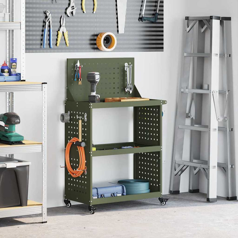 Load image into Gallery viewer, Vidaxl gereedschapswagen met plank olijf groen 65 x 35 x 111 cm
