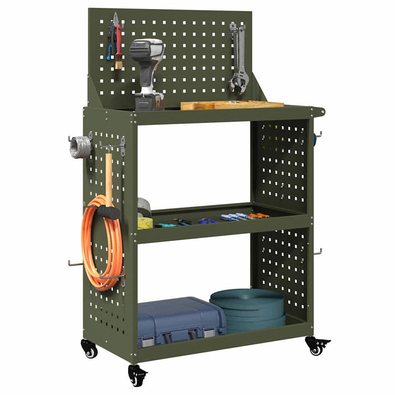 Load image into Gallery viewer, Vidaxl gereedschapswagen met plank olijf groen 65 x 35 x 111 cm

