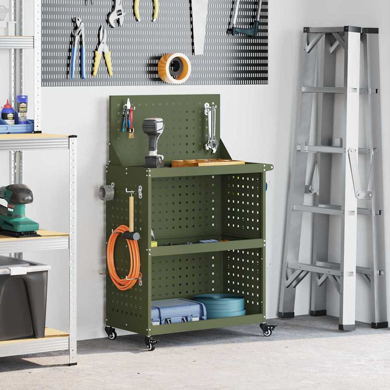 Load image into Gallery viewer, Vidaxl gereedschapswagen met plank olijf groen 65 x 35 x 111 cm
