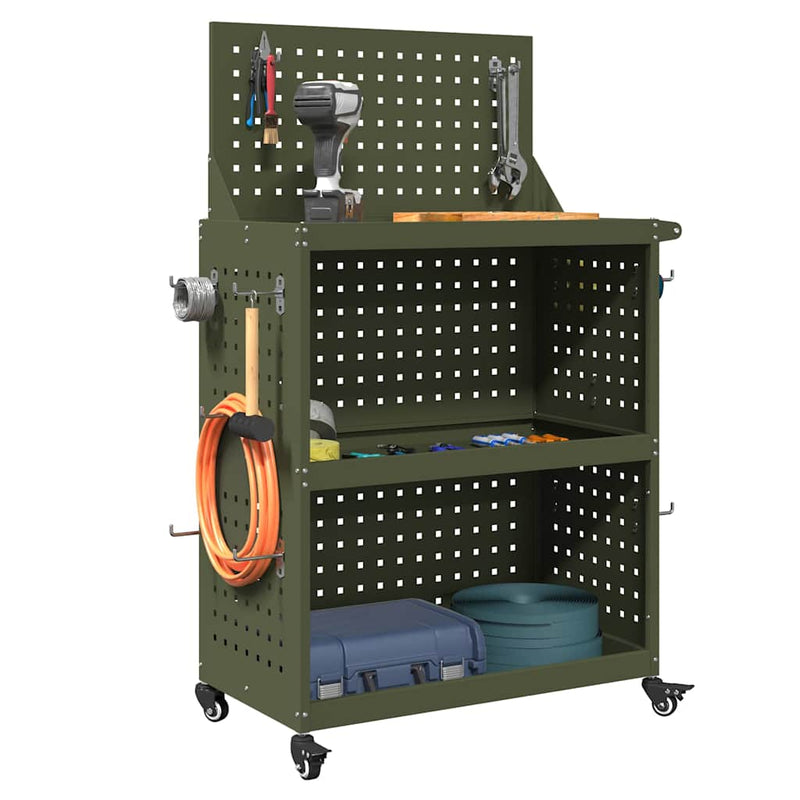 Load image into Gallery viewer, Vidaxl gereedschapswagen met plank olijf groen 65 x 35 x 111 cm
