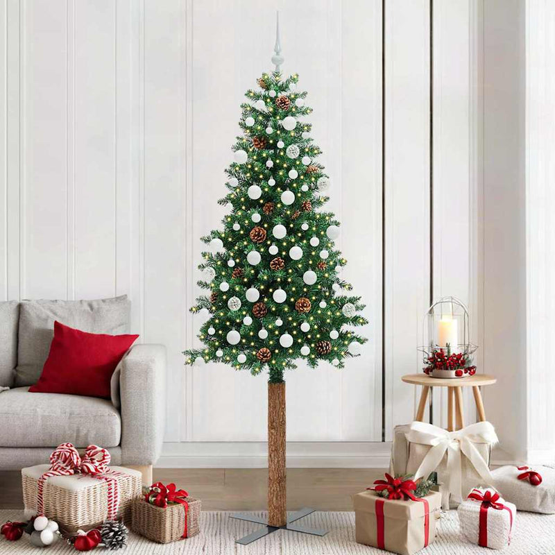 Load image into Gallery viewer, Vidaxl slanke kerstboom groen 210 cm pvc en massief dennenhout
