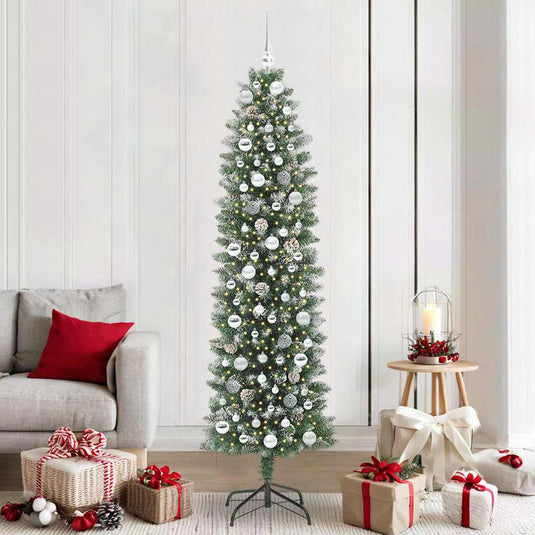 Vidaxl kunstmatige slanke kerstboom met 300 led groen en wit 210 cm
