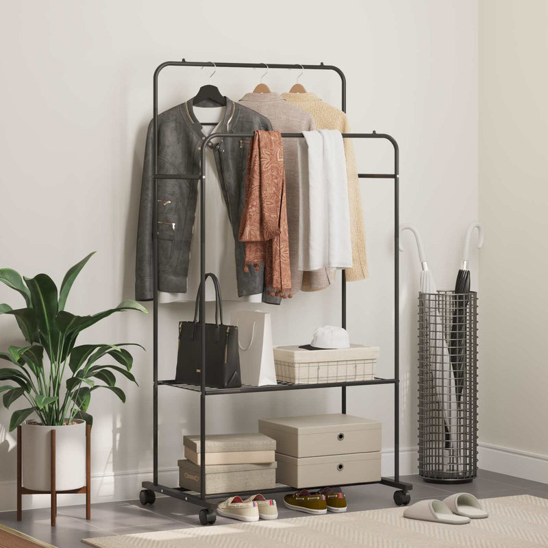 Load image into Gallery viewer, Vidaxl kledingrek met plank met wiel met opslag zwart 80 x 53 x 156 cm
