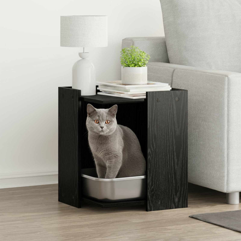 Load image into Gallery viewer, Vidaxl kattenbak omheining zwart eiken 42 x 42 x 51 cm bewerkt hout
