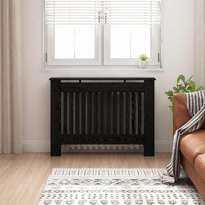 Load image into Gallery viewer, Vidaxl radiatorafdekking zwart eiken 112 x 19 x 81,5 cm bewerkt hout

