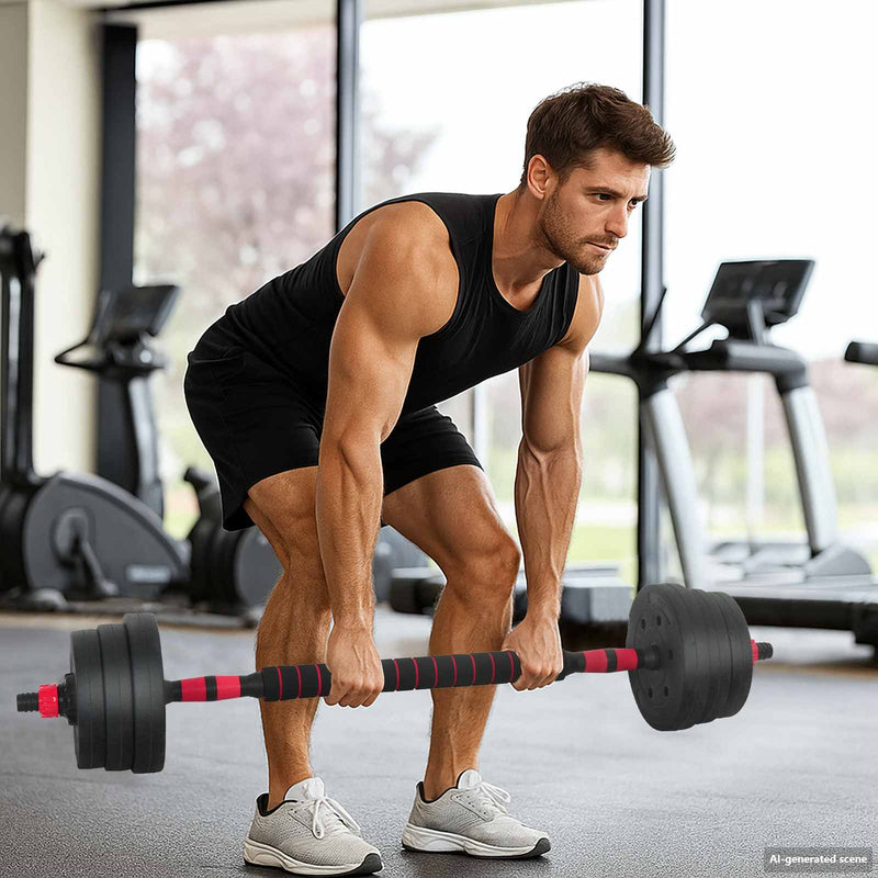 Load image into Gallery viewer, Vidaxl 2-in-1 halter-barbell set 30kg zwart en rood
