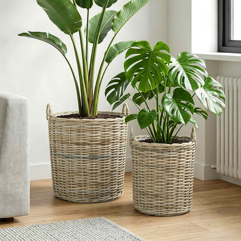 Load image into Gallery viewer, Vidaxl plantermand met opslag gendt 2 st natuurlijk grijs kubu rattan
