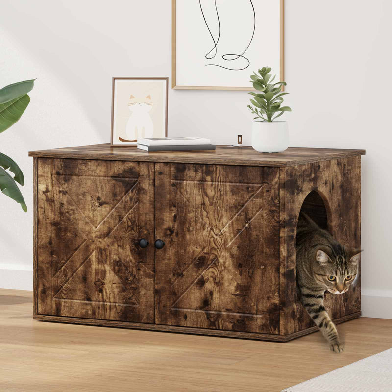 Load image into Gallery viewer, Vidaxl kattenhuis gerookt eiken 85 x 55 x 50 cm bewerkt hout

