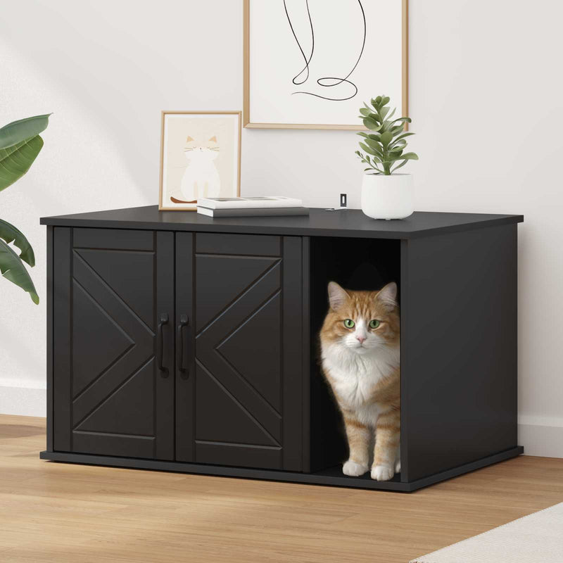 Load image into Gallery viewer, Vidaxl kattenhuis zwart 85 x 55 x 50 cm bewerkt hout
