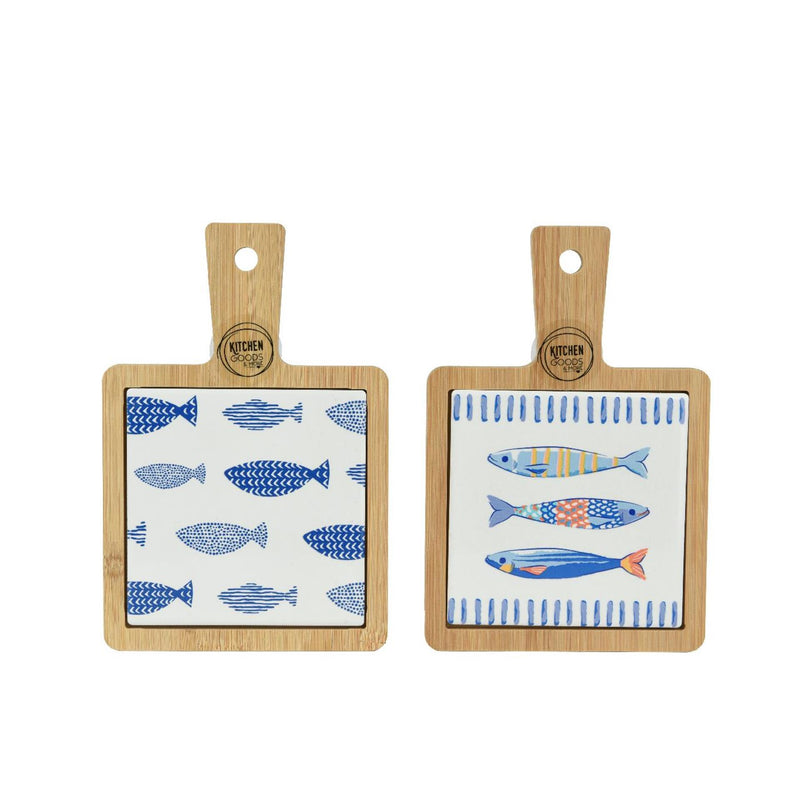 Afbeelding laden in galerijviewer, Decoris snijplank met vissen porselein 18x12x1cm 2 assorti
