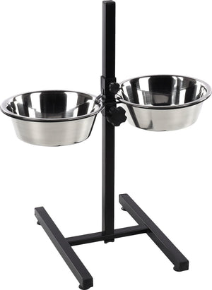 Flamingo voerbak hond – duo dinner staander otis zilver zwart 2x2,5l – verstelbare eet- en drinkpot met inox kommen