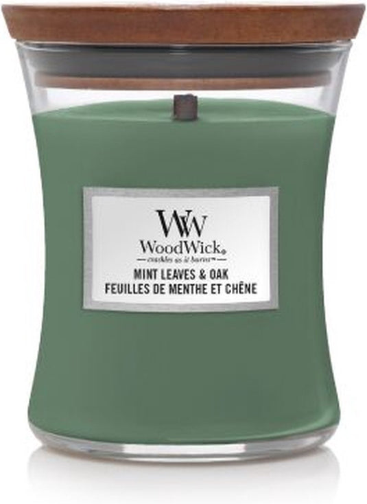 Woodwick hourglass medium geurkaars - mint leaves oak - 60 branduren