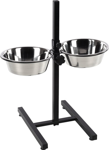 Flamingo voerbak hond – duo dinner staander otis zilver zwart 2x2,5l – verstelbare eet- en drinkpot met inox kommen