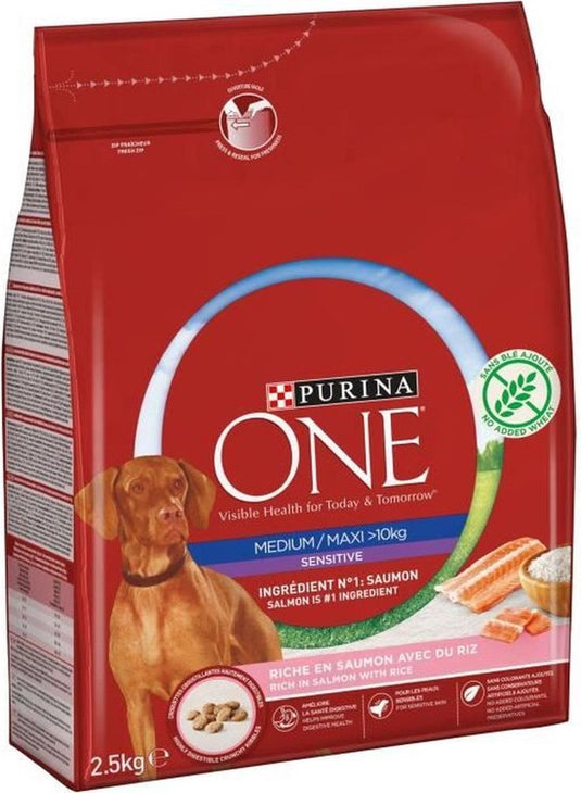 Purina one zalm- en rijstbrokjes medium maxi> 10 kg - voor gevoelige middelgrote en grote volwassen honden - 2,5 kg