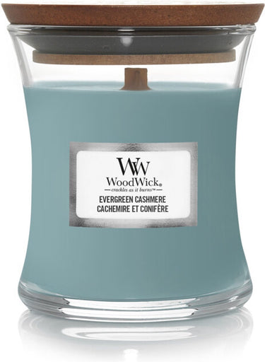 Woodwick geurkaars mini candle - evergreen cashmere - 20 branduren - 85gr - 8 cm ø 7 cm