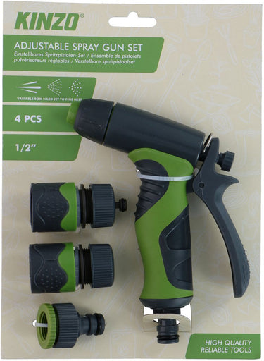Kinzo verstelbare sproeipistool set 4-delig – adjustable spray gun set – van harde straal tot fijne nevel – inclusief 1 2” koppelingen adapter – voor tuinslang – ideaal voor tuin bewateren, schoonmaak en auto wassen – groen zwart