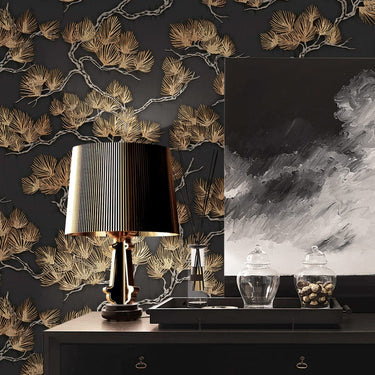 Dutch wallcoverings behang pine tree zwart en goudkleurig