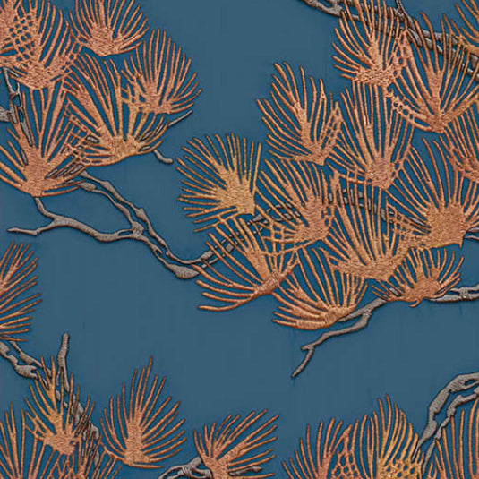 Dutch wallcoverings behang pine tree goudkleurig en blauw