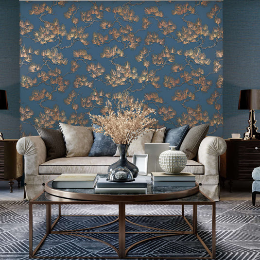 Dutch wallcoverings behang pine tree goudkleurig en blauw
