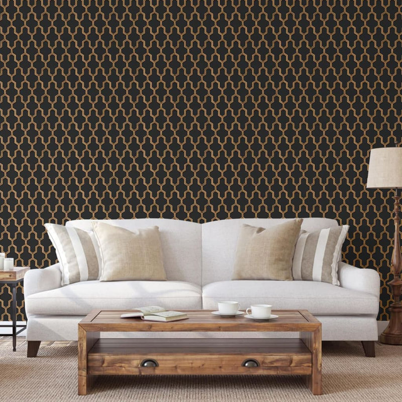 Load image into Gallery viewer, Dutch wallcoverings behang geometric zwart en goudkleurig
