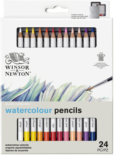 Winsor newton 0490015 studio collection waterverfpotloden set 24 stuks – dikcores aquarelpotloden in metalen etui