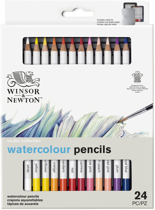 Winsor newton 0490015 studio collection waterverfpotloden set 24 stuks – dikcores aquarelpotloden in metalen etui