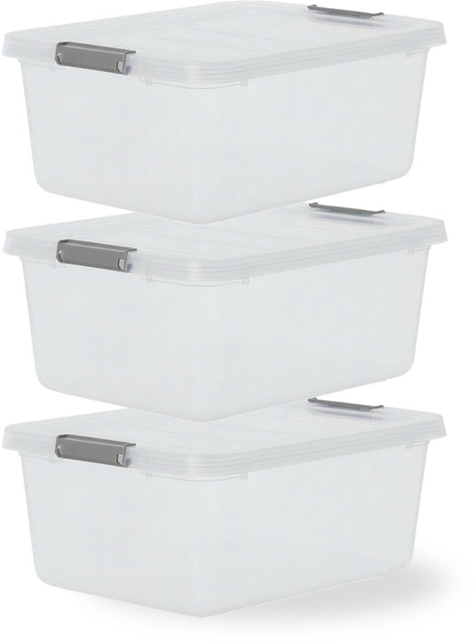 Iris storage opbergbox met clips - 12.5l - stapelbaar - kunststof - transparant grijs - set van 3