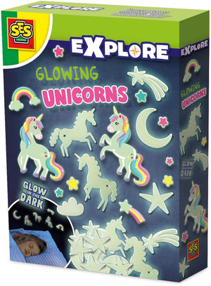 Ses creative - explore - glowing unicorns - glow in the dark - 24 unicorns en sterren om te plakken - met foam plakkers en stickers - voor een mooi versierde slaapkamer - eenhoorn