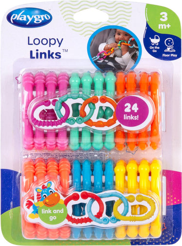 Playgro gekleurde schakelringen - loopy loops - kinderwagen accessoires - 24 stuks - verschillende bijtprofielen - baby speelgoed - bijtspeelgoed baby - bijtringen - speelgoedringen