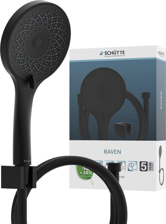 Schütte raven badset inclusief handdouche, slang en wandsteun - ø 12,5 cm - 3 standen - mat zwart