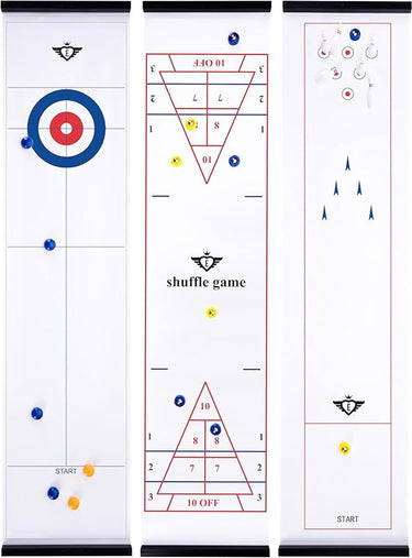 Engelhart 3-in-1 gamebox – curling, shuffle bowling – multifunctioneel tafelspel – 120 x 28 cm – 3-in-1 spelset – gezelschapsspel behendigheidsspel – indoor spelbox –