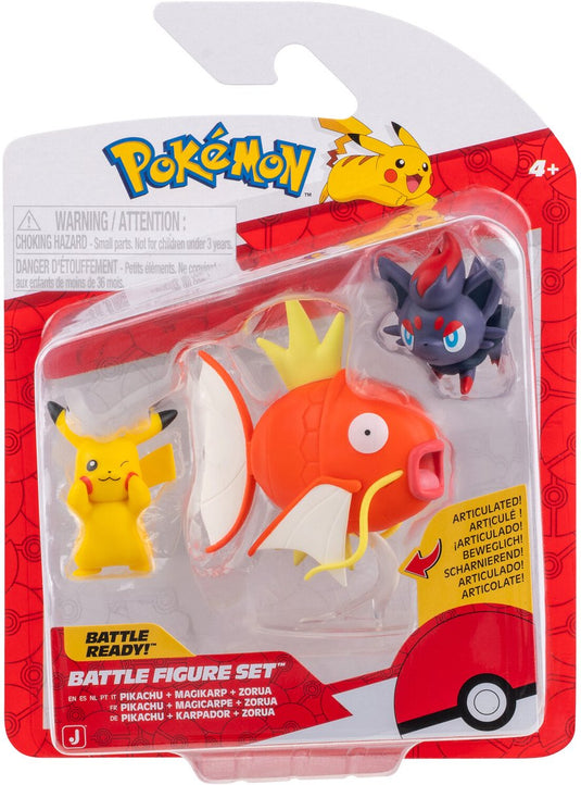 Jazwares pokémon - battle figure 3 pack pikachu, zorua, magikarp with stand