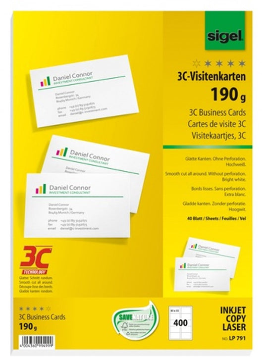 Sigel - visitekaartjes - wit - 85x55 mm - 190 gram- 400 stuks - si-lp791