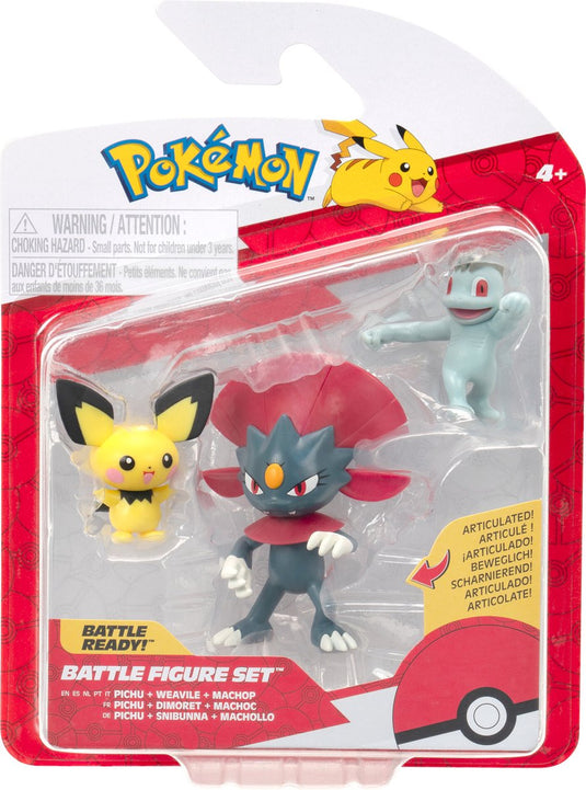 Jazwares pokémon - battle figure set 3 pack: pichu, machop, weavile