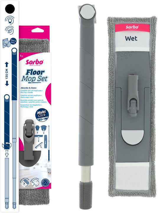 Sorbo floor mop set - mopset met microvezeldweil en rvs steel - dweilsysteem multi-click - dweil