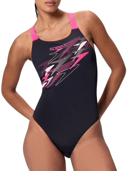 Speedo medley logo medalist 1 piece dames sportbadpak - zwart roze