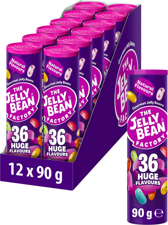 The jelly bean factory 12 tubes jelly beans snoep voor kinderen - verjaardag traktatie uitdeel cadeautjes - 36 verschillende smaken - koker à 90 g snoepgoed - traktatie uitdeelcadeautjes - snoepjes