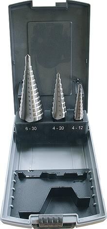 Pro getrapte boren set 3-piece stepped drill bit in plastic box