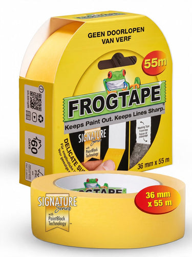 Kip frogtape delicate surface - afplaktape schilderstape - geel 36 mm x 55 m voor strakke lijnen zonder verfdoorloop - geschikt voor alle verftypes binnen en buiten op ruwe of vochtige oppervlakken - stevige papieren professionele kwaliteit
