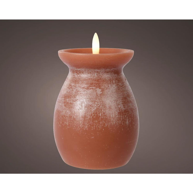 Afbeelding laden in galerijviewer, Lumineo led kaars vaas voor binnen met vlameffect en timer dia10x16cm terra werkt op 2xaa batterijen (excl)<br> <br>
