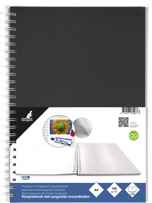 Kangaro fotoplakboek - 33x23cm - zwart - zuurvrij papier - met pergamijnvellen